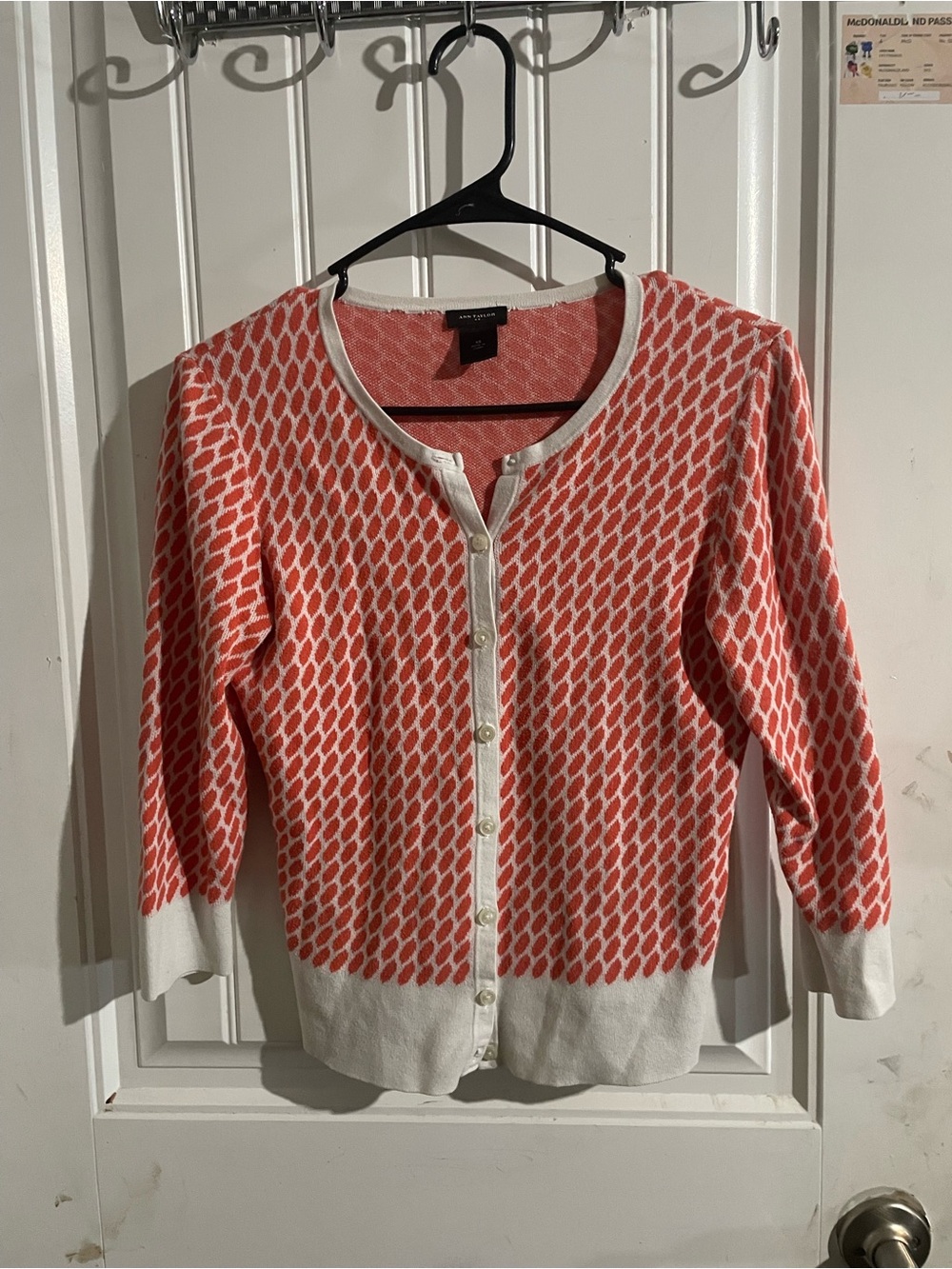 Ann Taylor Coral and White Knit Button Cardigan